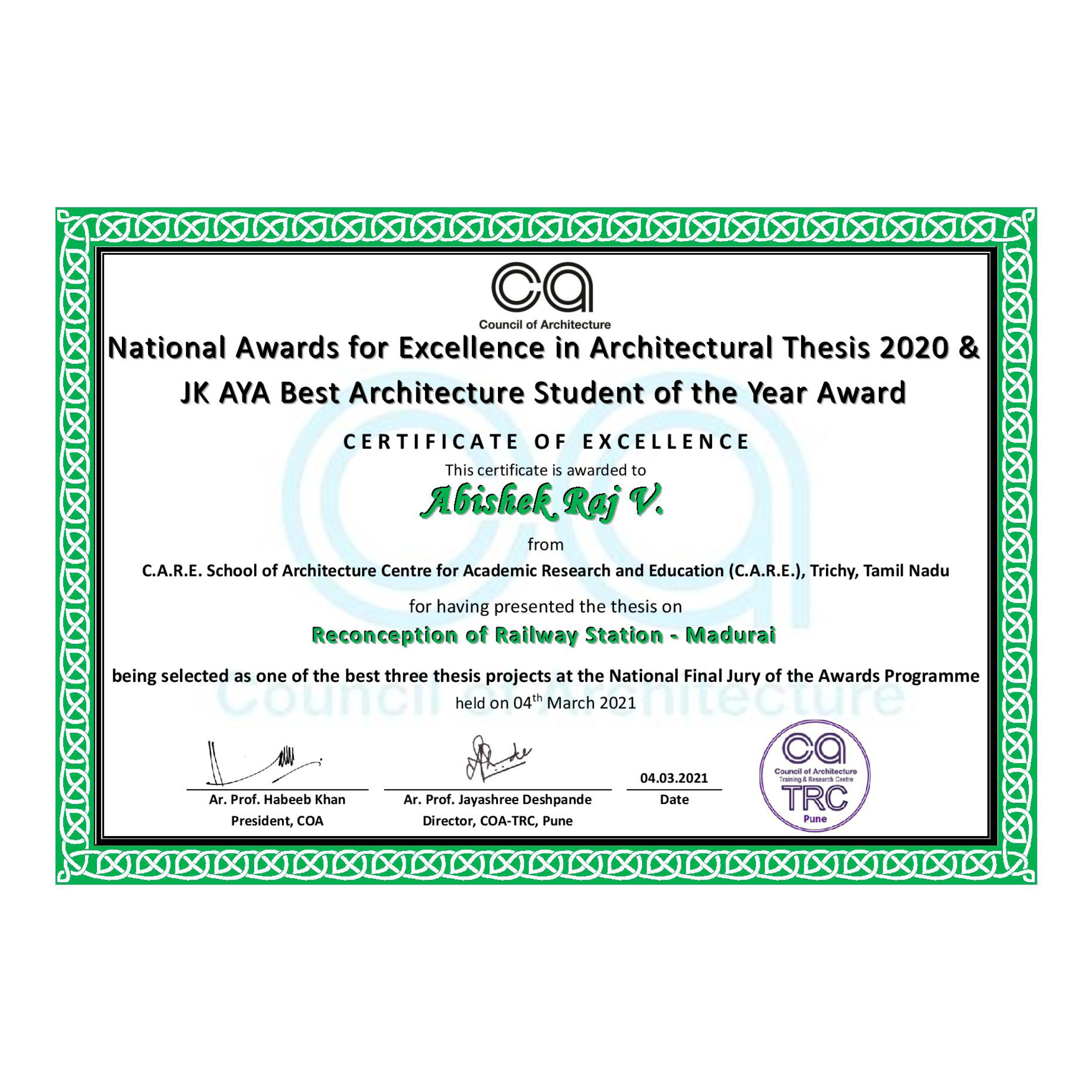 National Award for Excellence in Architectural Thesis 2020 21 CARE