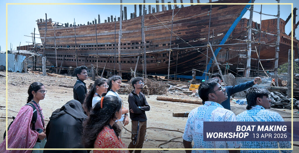B.Des students during a boat making industrial visit at CARE School of Design, Trichy.
