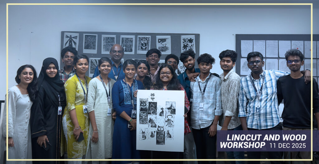 B.Des students participating in a linocut printmaking workshop at CARE School of Design, Trichy.