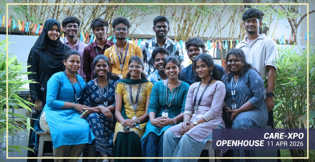 B.Des students showcasing innovative projects during the Open House at CARE School of Design, Trichy.
