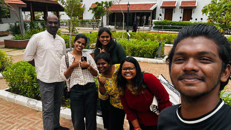Design students exploring heritage architecture during Keeladi industrial visit