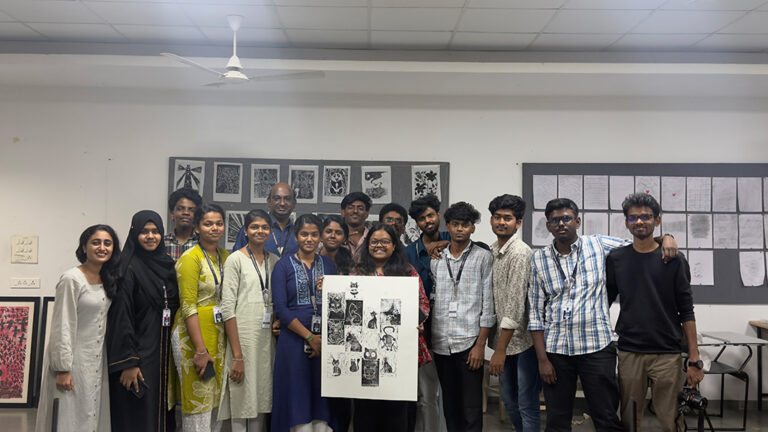 Design students creating linocut print artwork during hands-on printmaking workshop at CARE School of Design