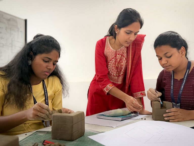 Bachelor of Design students learning clay modelling techniques during a hands-on workshop at CARE School of Design