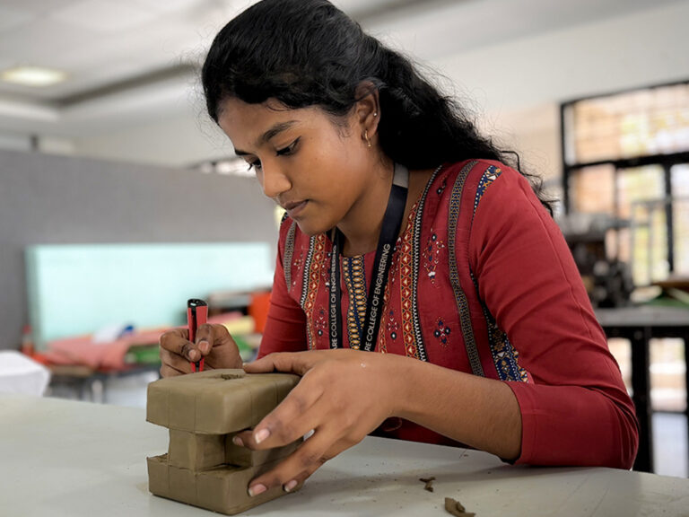 Bachelor of Design students learning clay modelling techniques during a hands-on workshop at CARE School of Design