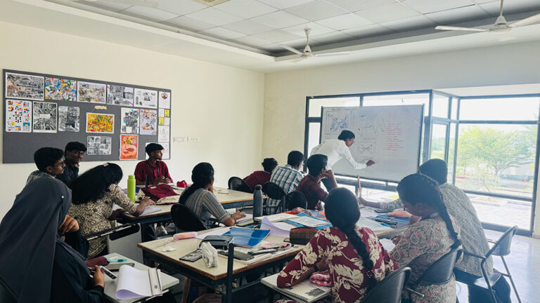 Design students creating visual artwork during hands-on workshop at CARE School of Design