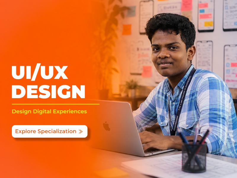 Bachelor of Design student working on digital interface concepts during a UI UX Design studio session at CARE School of Design
