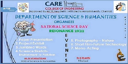 National Sience Day celebrations was organized by Science and Humanities in the name of RESONANCE 2K22 on 28 February 2022